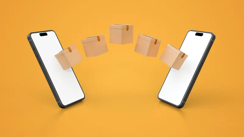 Pakete fliegen auf orangefarbenem Hintergrund von einem Smartphone zum anderen